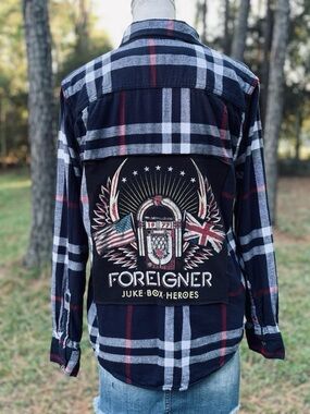 Upcycled Navy Plaid Shirt with Foreigner Juke-Box Back Patch